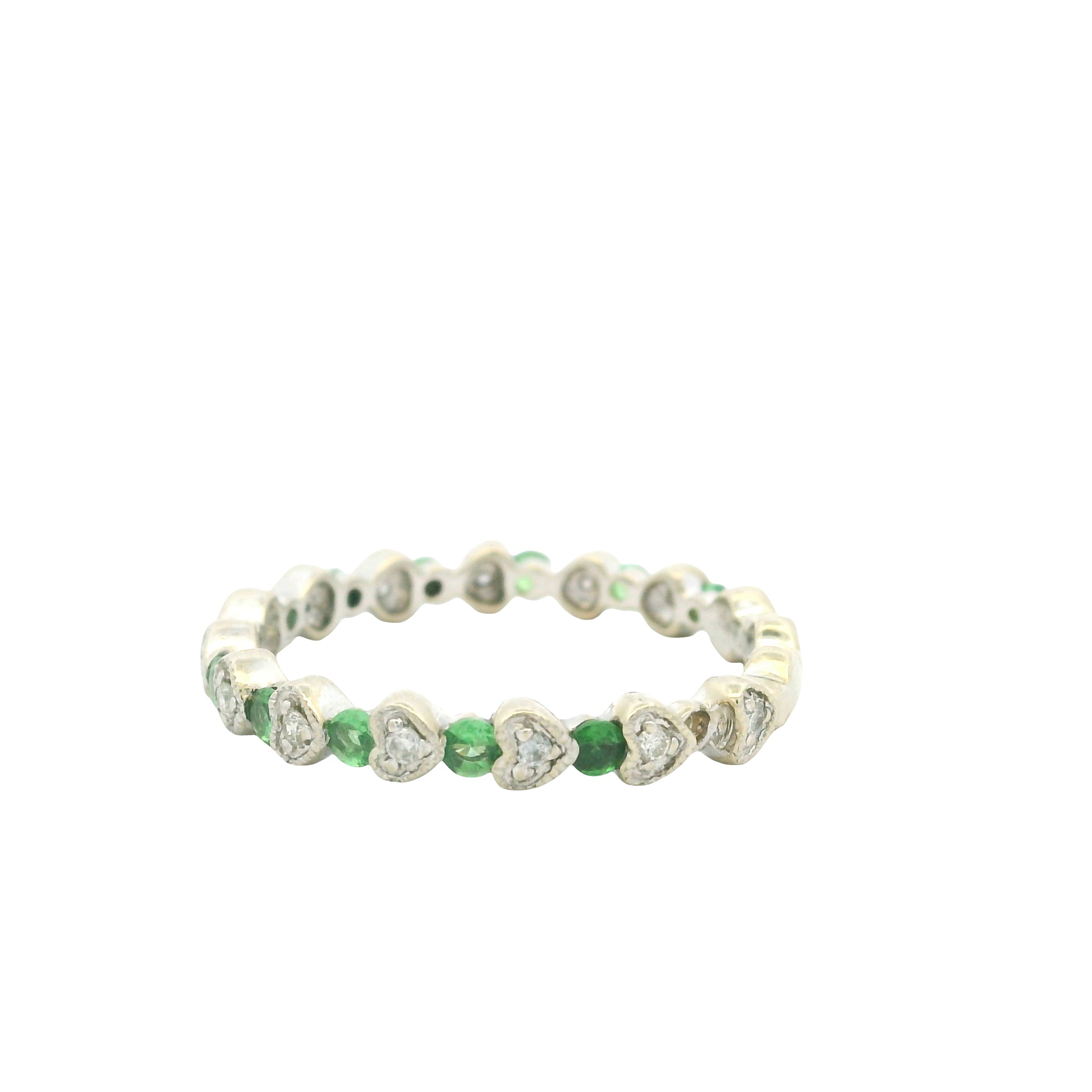 14K White Gold Natural Emerald & Diamond Heart & Round Shaped Stack Ring