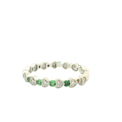 14K White Gold Natural Emerald & Diamond Heart & Round Shaped Stack Ring