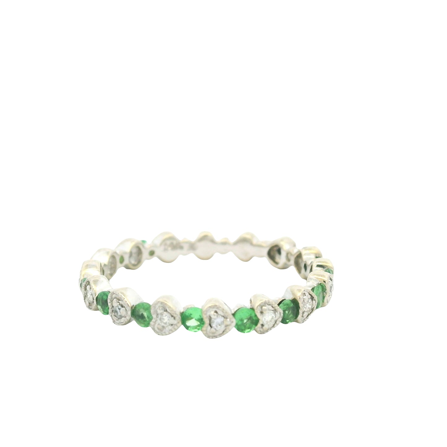 14K White Gold Natural Emerald & Diamond Heart & Round Shaped Stack Ring