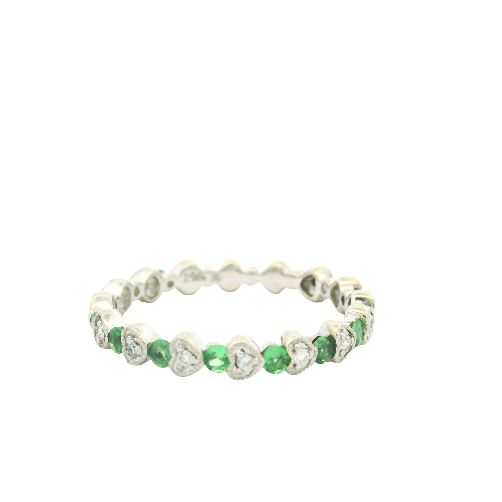 14K White Gold Natural Emerald & Diamond Heart & Round Shaped Stack Ring