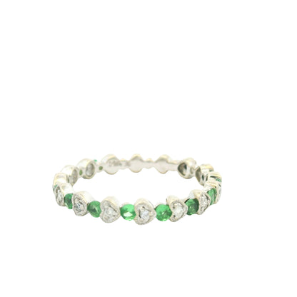 14K White Gold Natural Emerald & Diamond Heart & Round Shaped Stack Ring