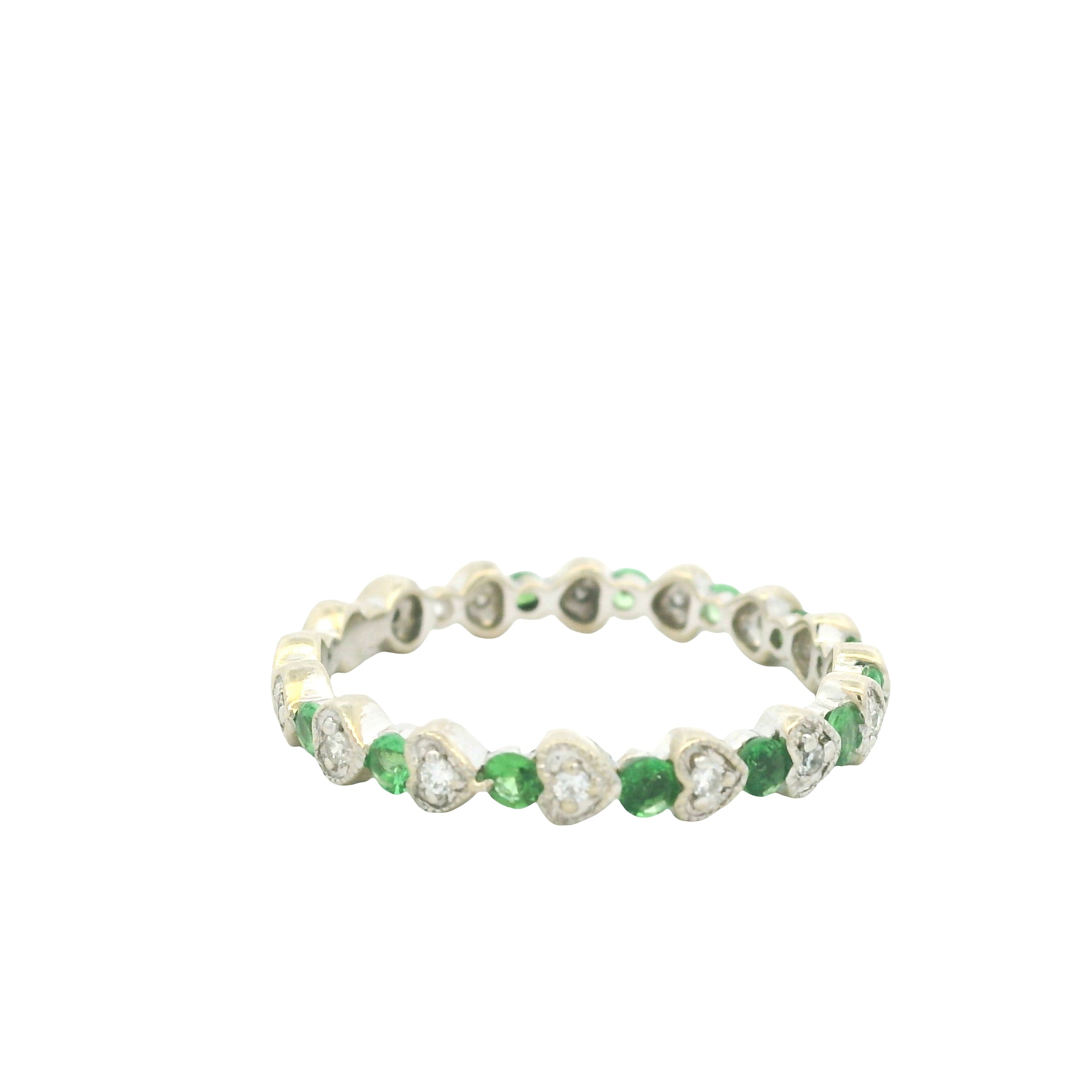 14K White Gold Natural Emerald & Diamond Heart & Round Shaped Stack Ring