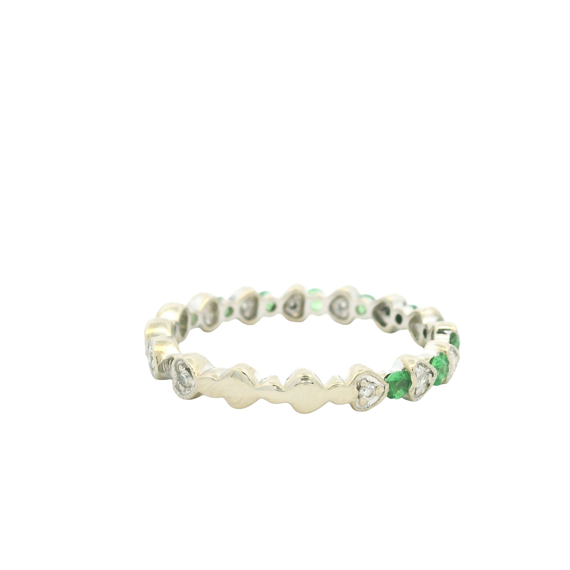 14K White Gold Natural Emerald & Diamond Heart & Round Shaped Stack Ring