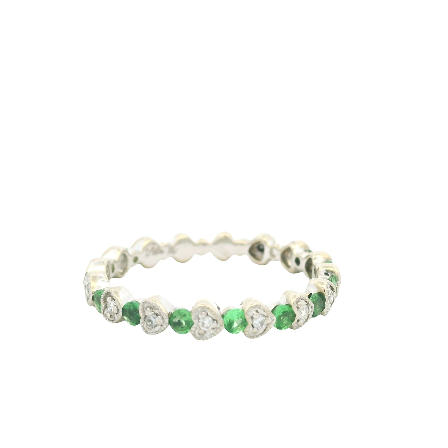 14K White Gold Natural Emerald & Diamond Heart & Round Shaped Stack Ring