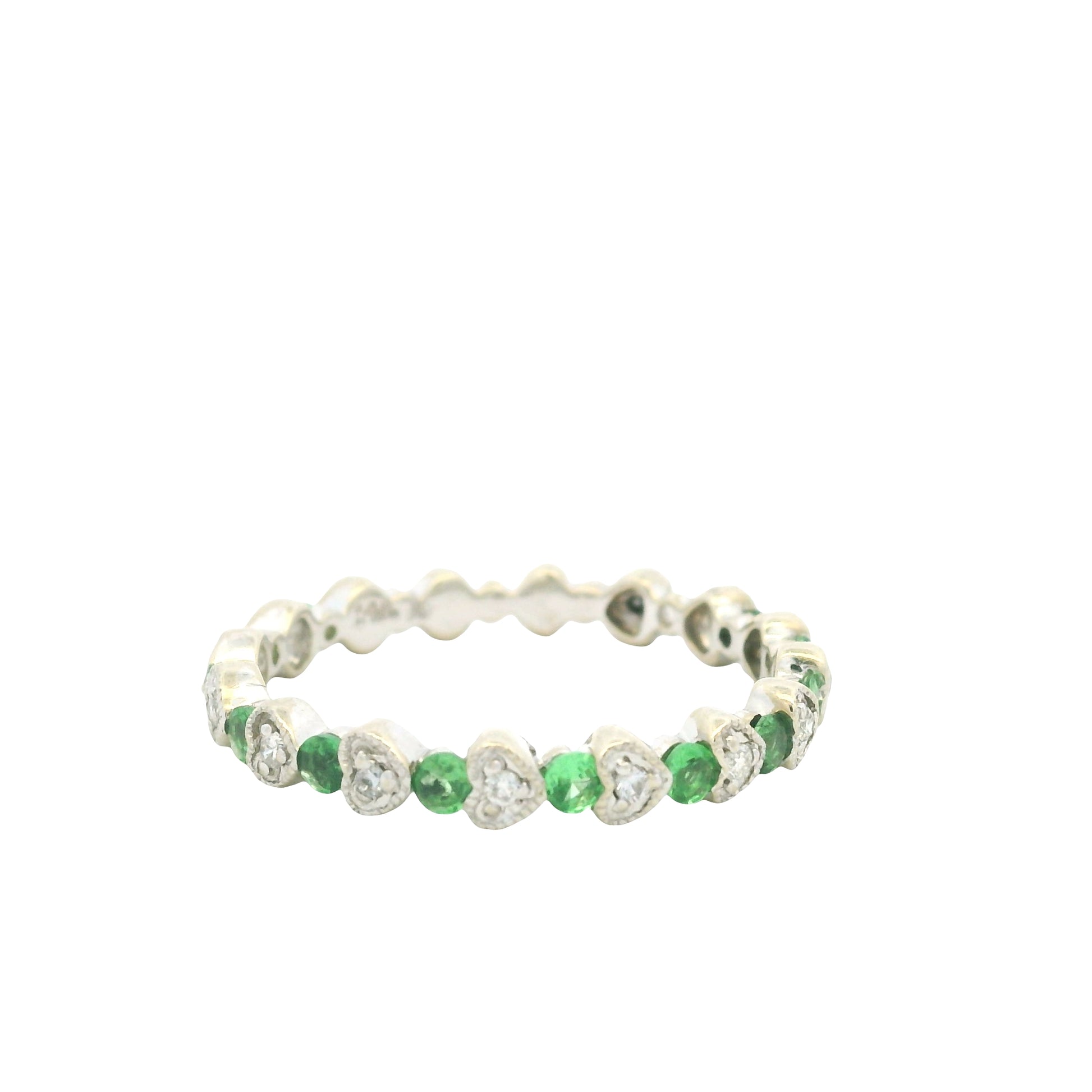 14K White Gold Natural Emerald & Diamond Heart & Round Shaped Stack Ring