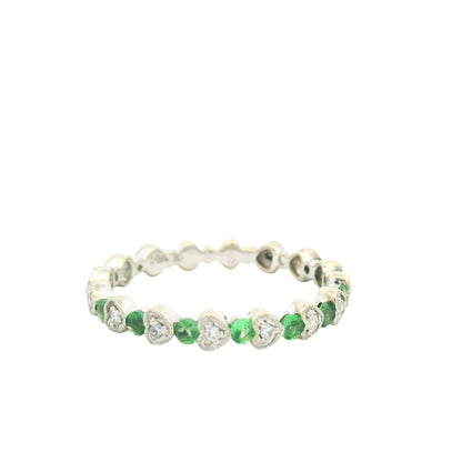14K White Gold Natural Emerald & Diamond Heart & Round Shaped Stack Ring