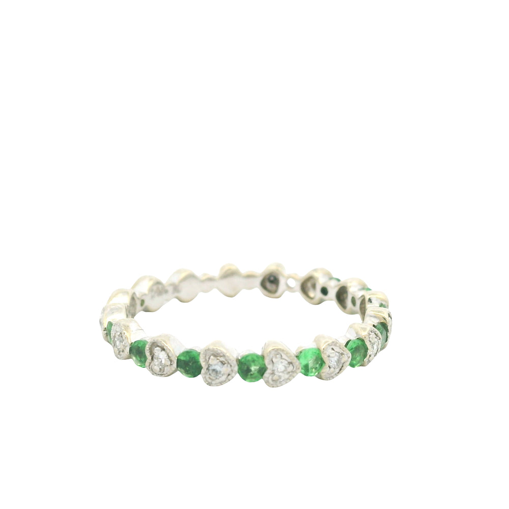 14K White Gold Natural Emerald & Diamond Heart & Round Shaped Stack Ring