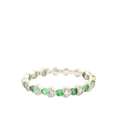 14K White Gold Natural Emerald & Diamond Heart & Round Shaped Stack Ring