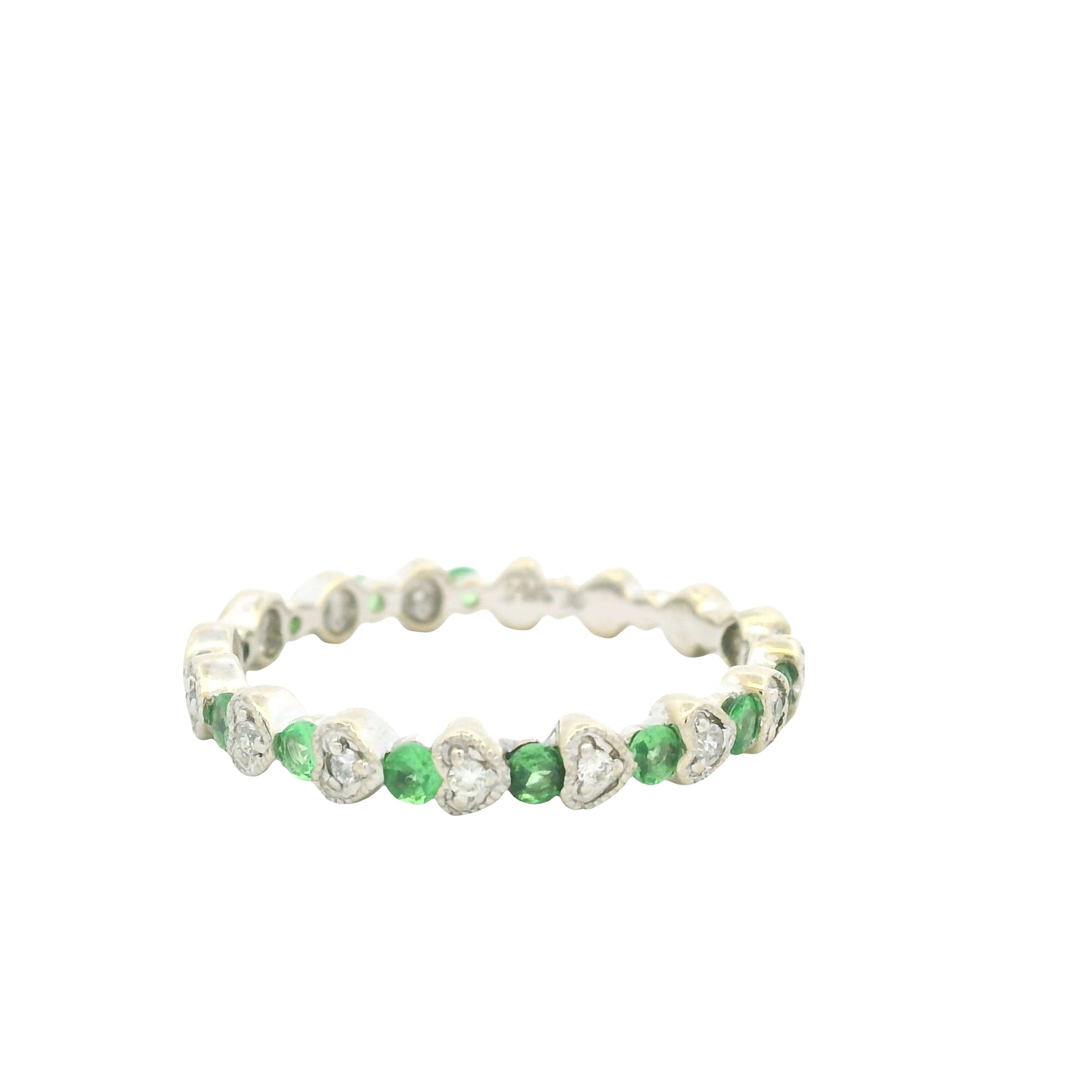 14K White Gold Natural Emerald & Diamond Heart & Round Shaped Stack Ring