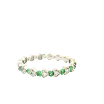 14K White Gold Natural Emerald & Diamond Heart & Round Shaped Stack Ring