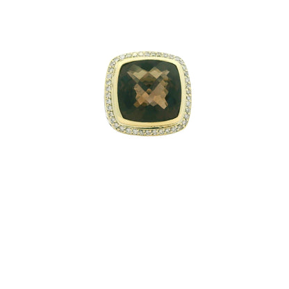 David Yurman 18K Yellow Gold & Sterling Silver Faceted Smoky Quartz Center and Natural Round Brilliant Diamond Ring