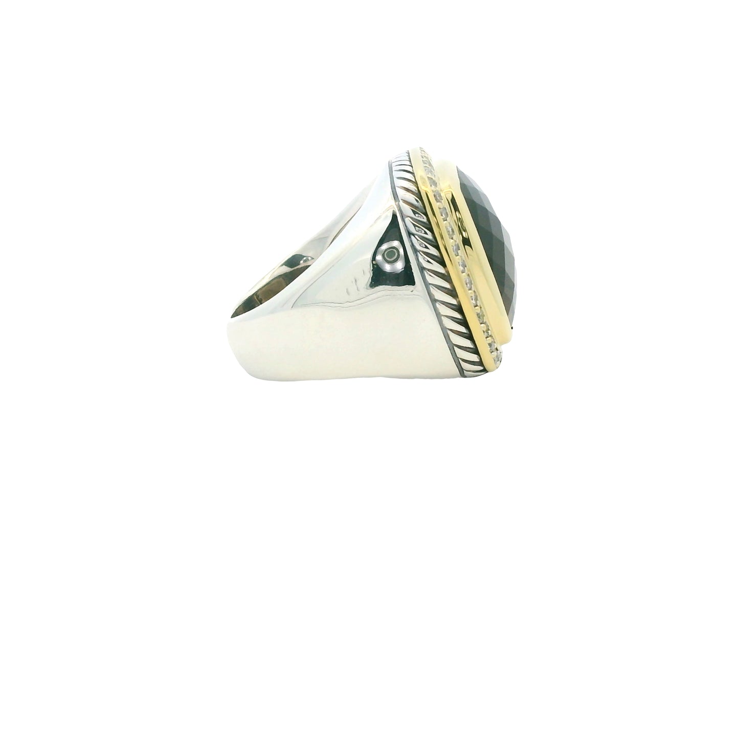 David Yurman 18K Yellow Gold & Sterling Silver Faceted Smoky Quartz Center and Natural Round Brilliant Diamond Ring