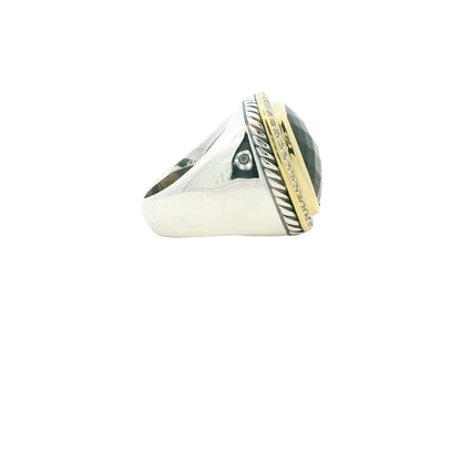 David Yurman 18K Yellow Gold & Sterling Silver Faceted Smoky Quartz Center and Natural Round Brilliant Diamond Ring