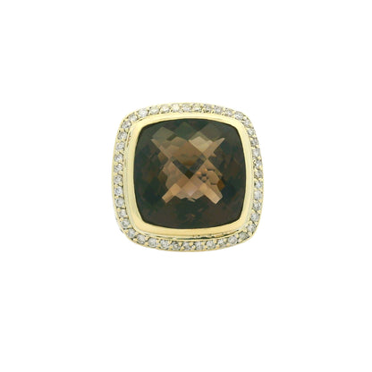 David Yurman 18K Yellow Gold & Sterling Silver Faceted Smoky Quartz Center and Natural Round Brilliant Diamond Ring