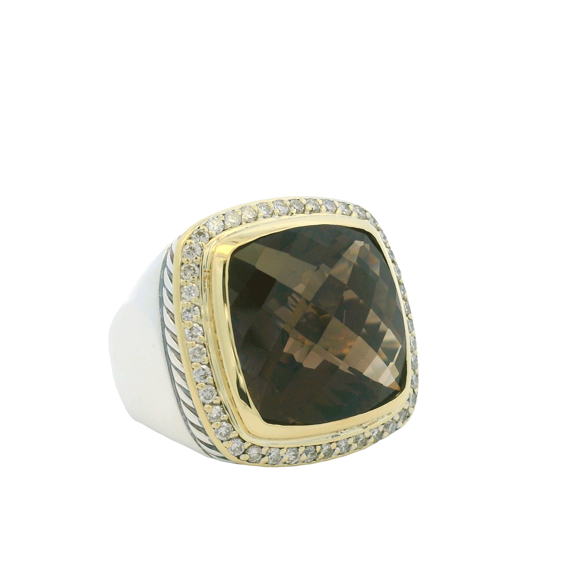 David Yurman 18K Yellow Gold & Sterling Silver Faceted Smoky Quartz Center and Natural Round Brilliant Diamond Ring