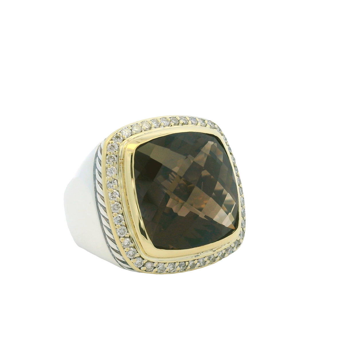 David Yurman 18K Yellow Gold & Sterling Silver Faceted Smoky Quartz Center and Natural Round Brilliant Diamond Ring