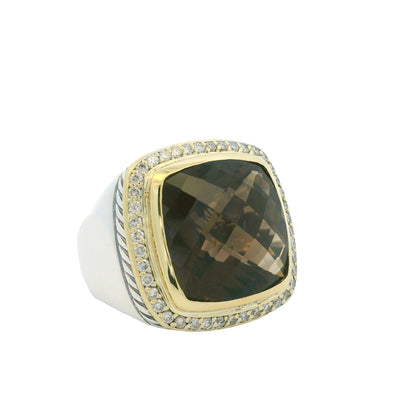 David Yurman 18K Yellow Gold & Sterling Silver Faceted Smoky Quartz Center and Natural Round Brilliant Diamond Ring