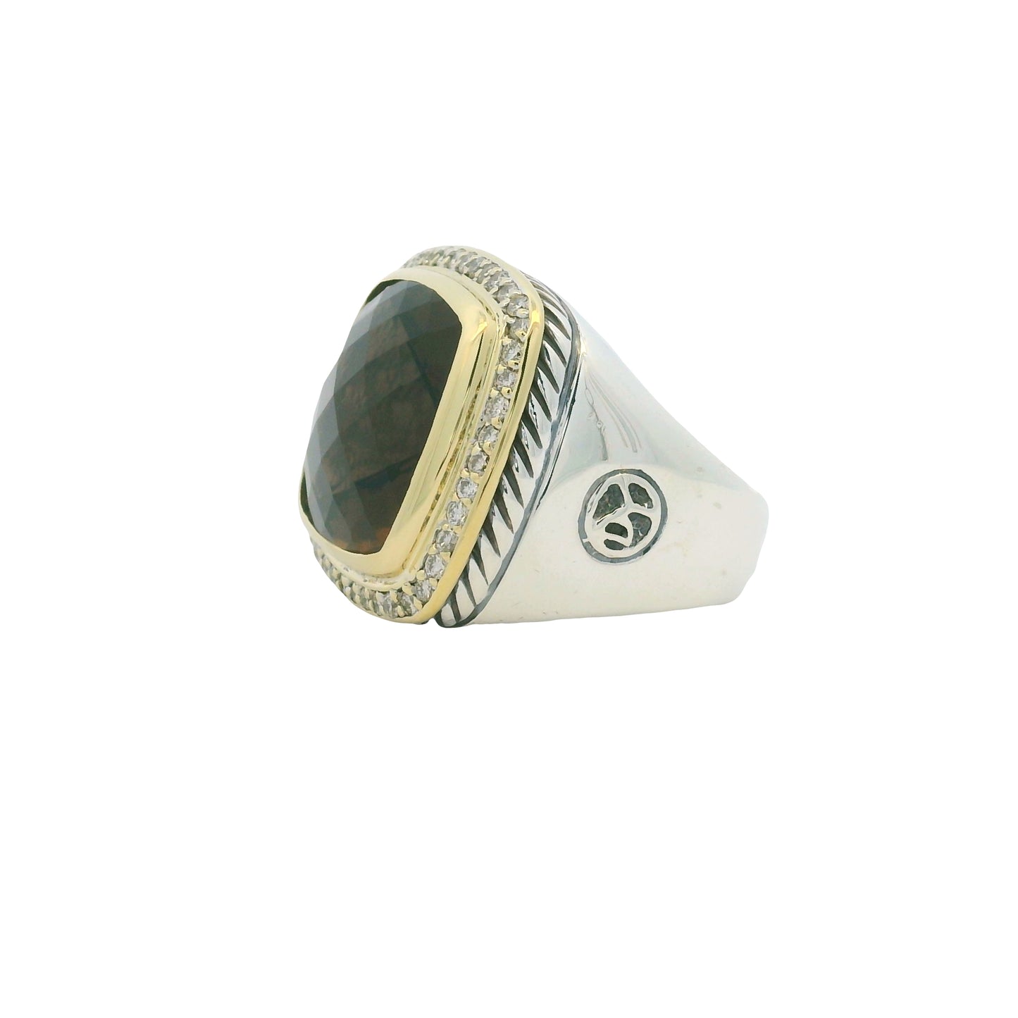 David Yurman 18K Yellow Gold & Sterling Silver Faceted Smoky Quartz Center and Natural Round Brilliant Diamond Ring