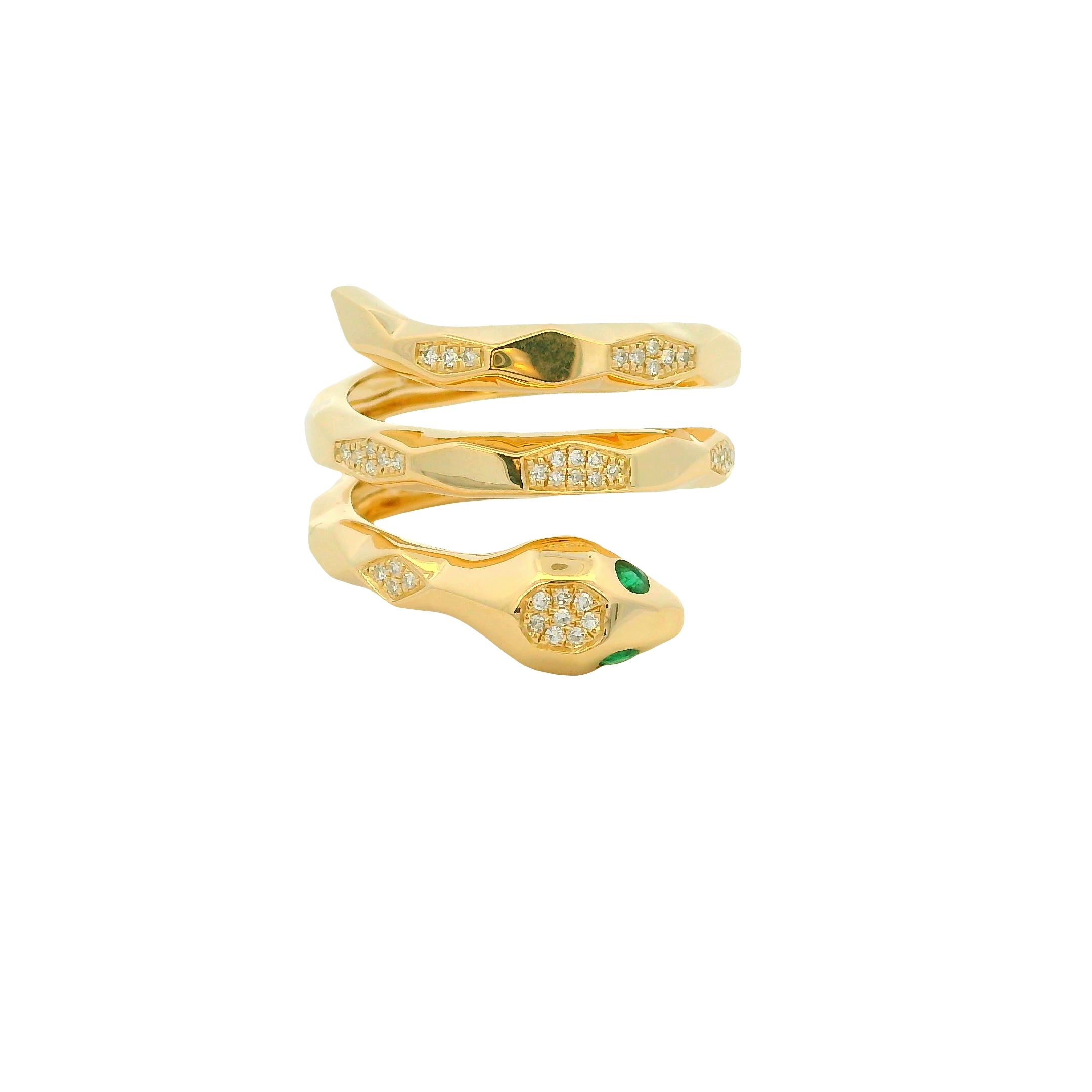 14k Yellow Gold Natural Pave Diamond & Emerald Eye Wrap Snake Ring