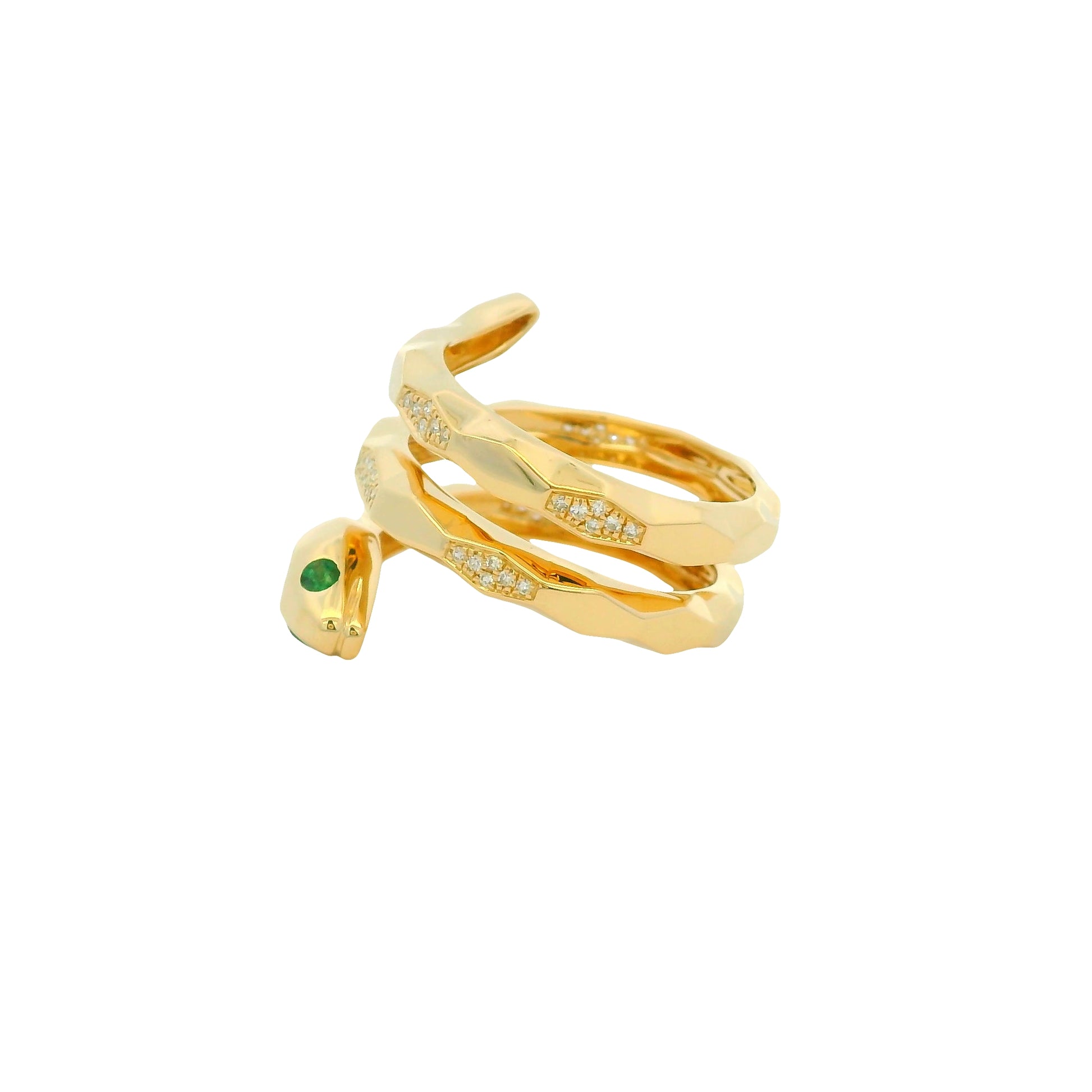 14k Yellow Gold Natural Pave Diamond & Emerald Eye Wrap Snake Ring