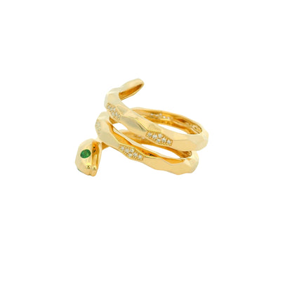 14k Yellow Gold Natural Pave Diamond & Emerald Eye Wrap Snake Ring