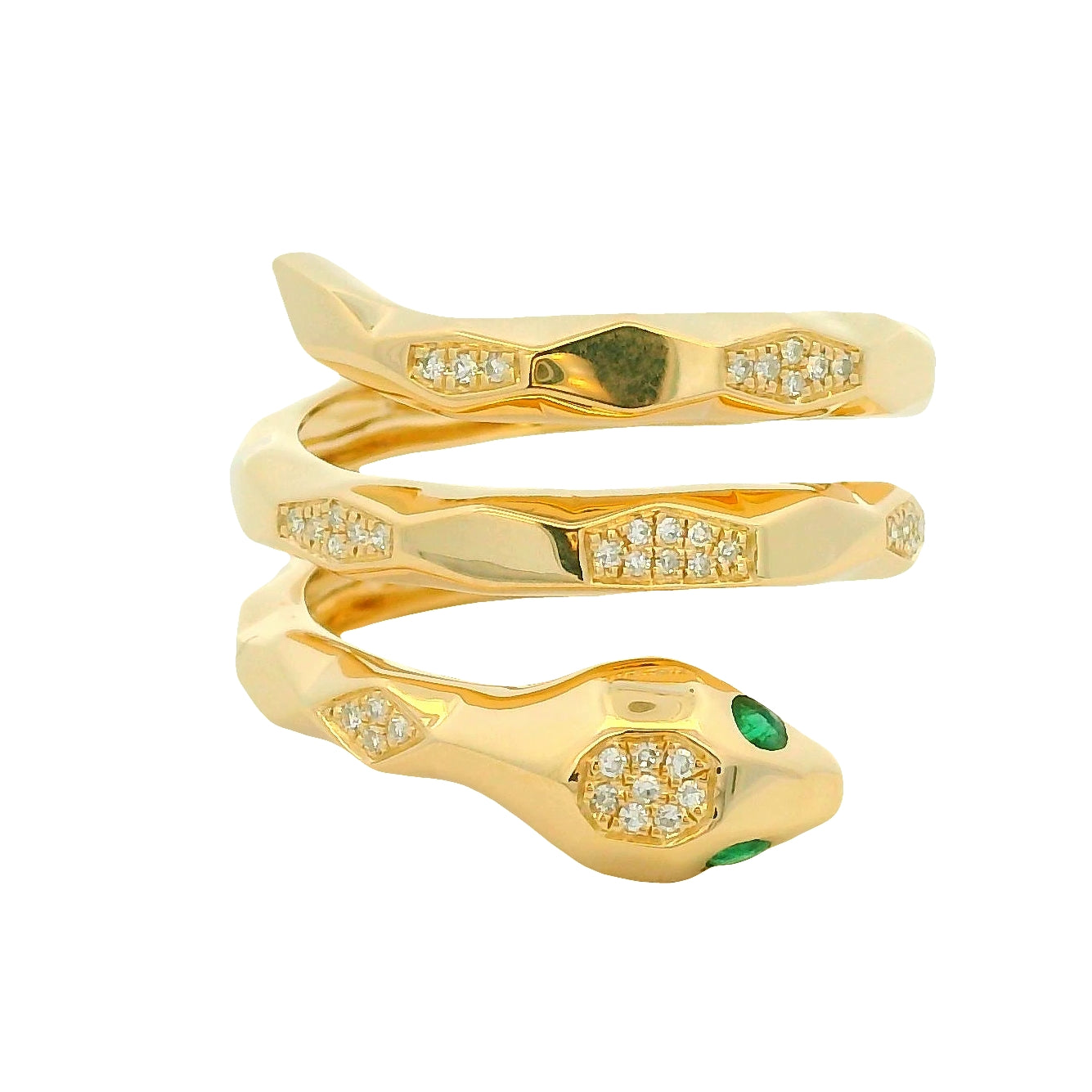 14k Yellow Gold Natural Pave Diamond & Emerald Eye Wrap Snake Ring