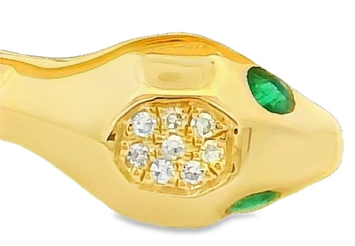14k Yellow Gold Natural Pave Diamond & Emerald Eye Wrap Snake Ring