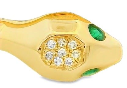 14k Yellow Gold Natural Pave Diamond & Emerald Eye Wrap Snake Ring