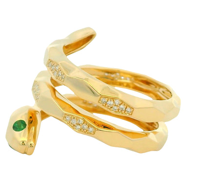 14k Yellow Gold Natural Pave Diamond & Emerald Eye Wrap Snake Ring