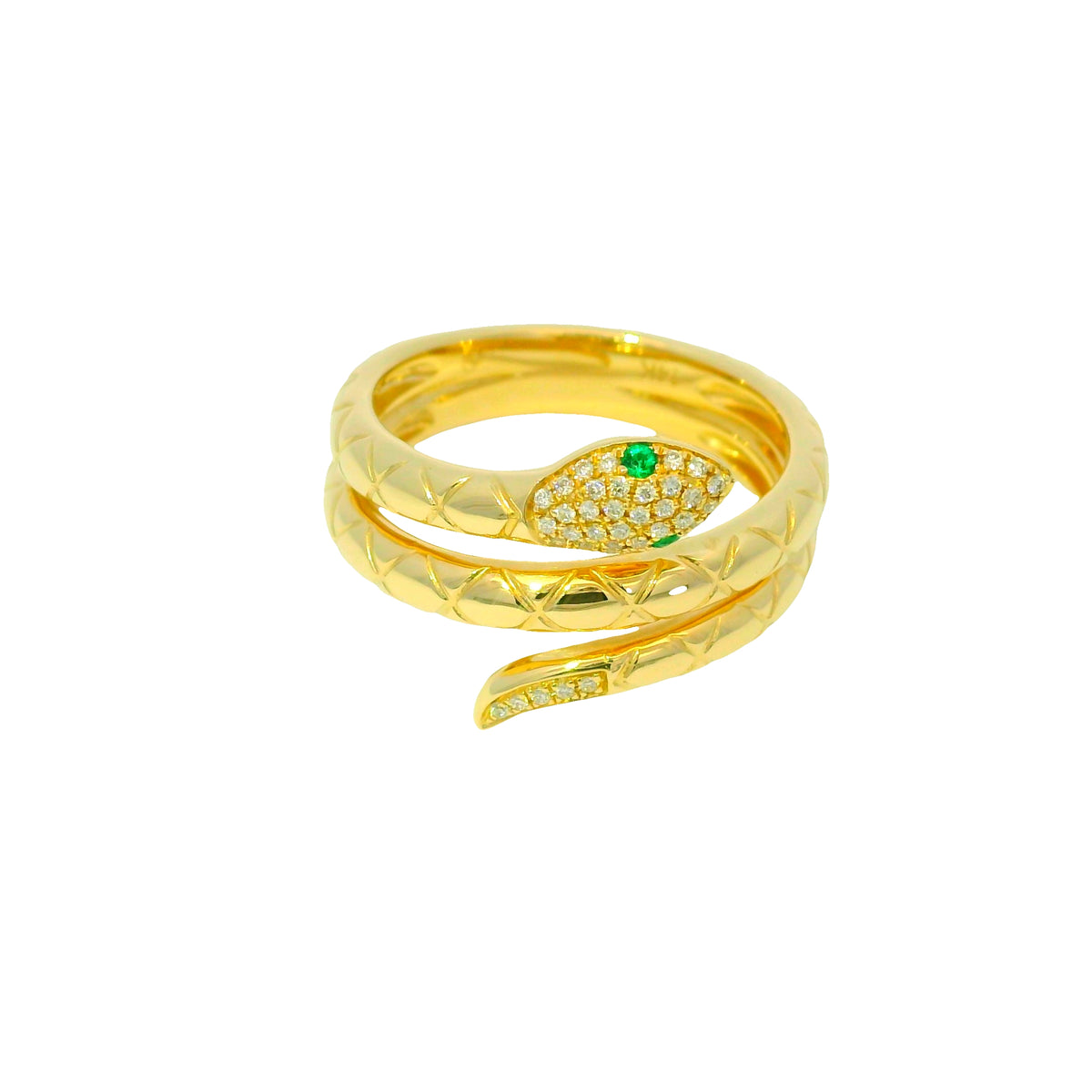 14k Yellow Gold Natural Pave Diamond & Emerald Eye Wrap Snake Ring