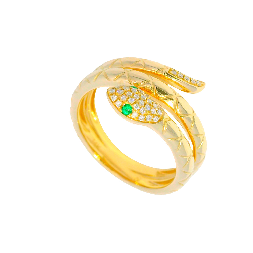 14k Yellow Gold Natural Pave Diamond & Emerald Eye Wrap Snake Ring