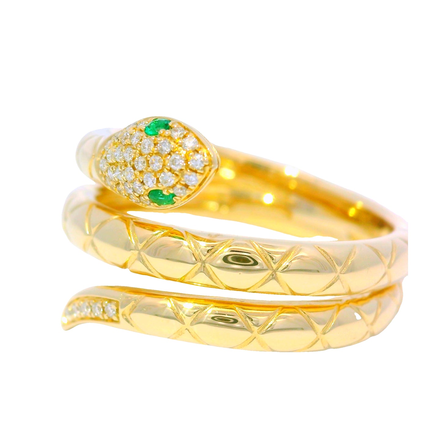 14k Yellow Gold Natural Pave Diamond & Emerald Eye Wrap Snake Ring
