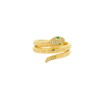 14k Yellow Gold Natural Pave Diamond & Emerald Eye Wrap Snake Ring