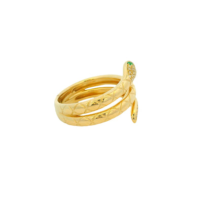 14k Yellow Gold Natural Pave Diamond & Emerald Eye Wrap Snake Ring