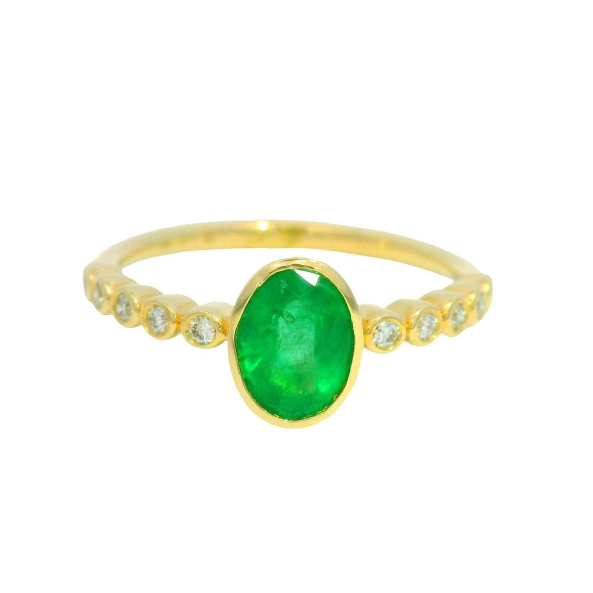 14K Yellow Gold Natural Emerald & Natural Diamond in a Bezel Setting Ring