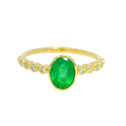 14K Yellow Gold Natural Emerald & Natural Diamond in a Bezel Setting Ring
