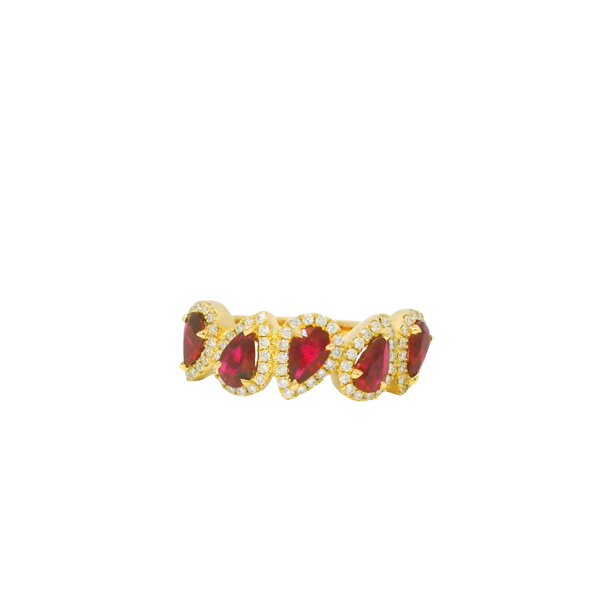 14K Yellow Gold Natural Ruby Pear & Natural Round Cut Diamond Halfway Ring