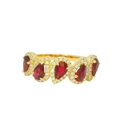 14K Yellow Gold Natural Ruby Pear & Natural Round Cut Diamond Halfway Ring