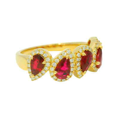 14K Yellow Gold Natural Ruby Pear & Natural Round Cut Diamond Halfway Ring