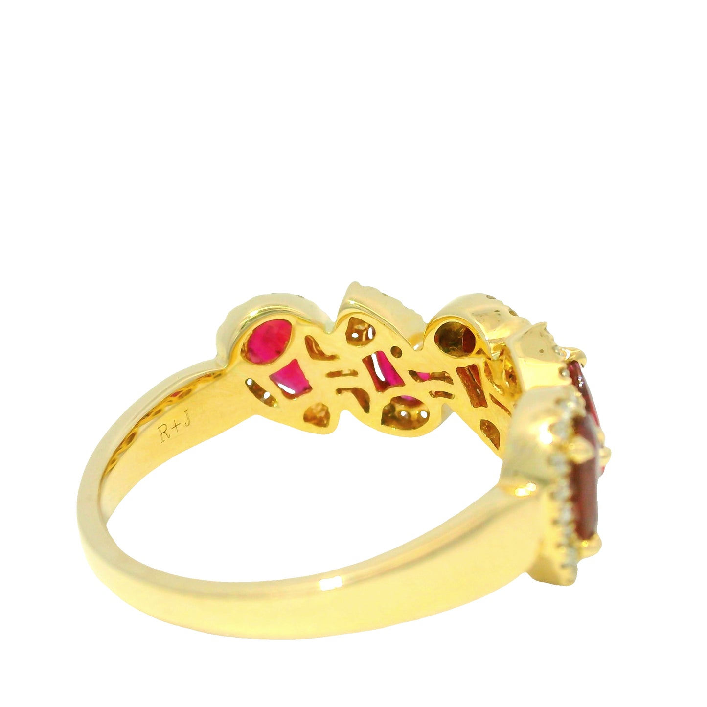 14K Yellow Gold Natural Ruby Pear & Natural Round Cut Diamond Halfway Ring