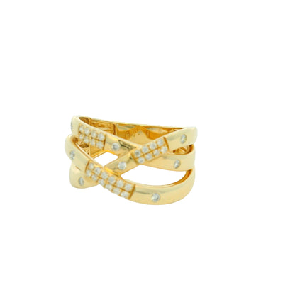 14K Yellow Gold Natural 0.25 Carat Round Brilliant 4 Row Crossover Wide Ring