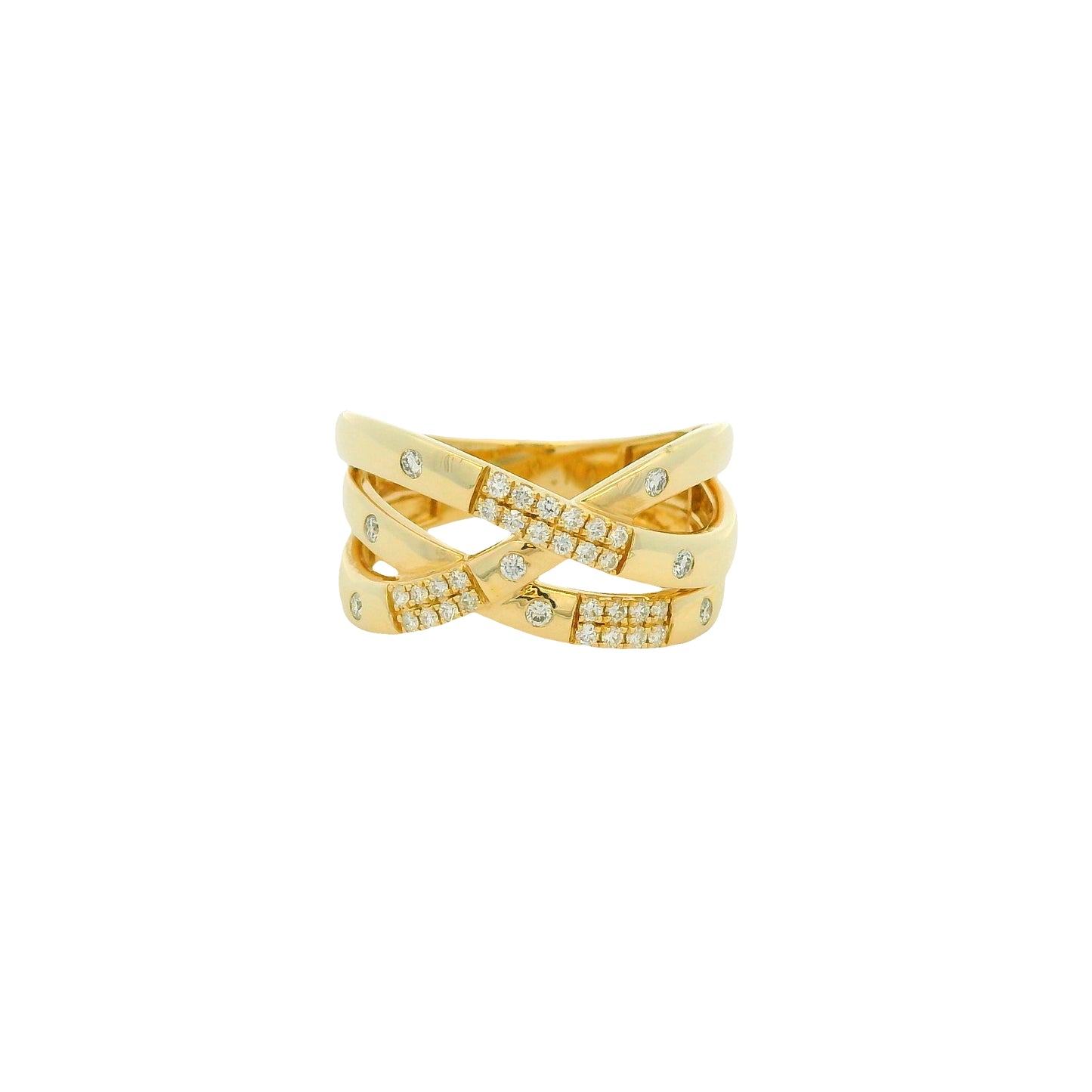 14K Yellow Gold Natural 0.25 Carat Round Brilliant 4 Row Crossover Wide Ring