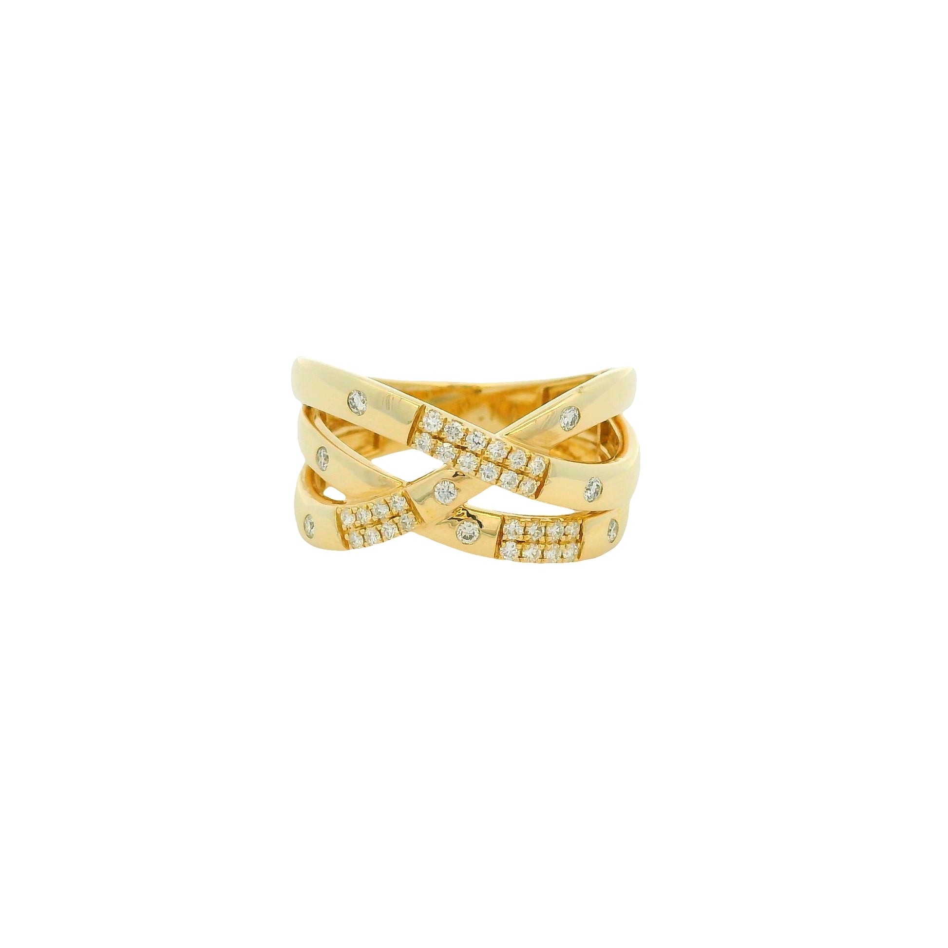 14K Yellow Gold Natural 0.25 Carat Round Brilliant 4 Row Crossover Wide Ring