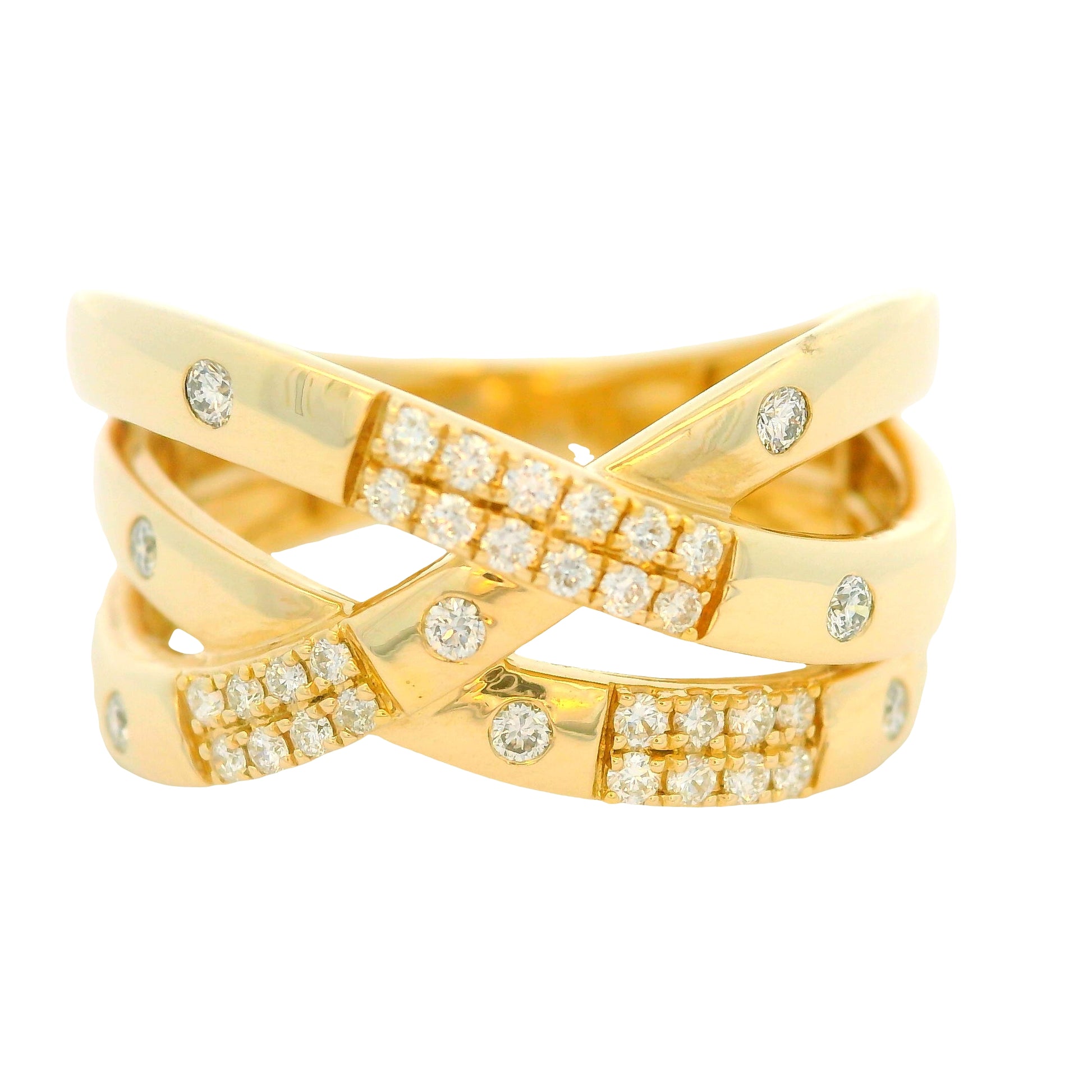 14K Yellow Gold Natural 0.25 Carat Round Brilliant 4 Row Crossover Wide Ring