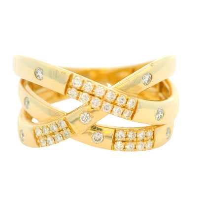 14K Yellow Gold Natural 0.25 Carat Round Brilliant 4 Row Crossover Wide Ring