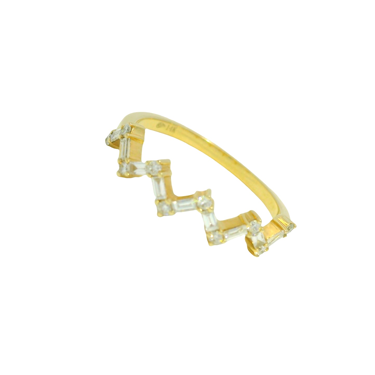 14K Yellow Gold Natural Baguette& Round Brilliant Cut Diamond Heartbeat Ring