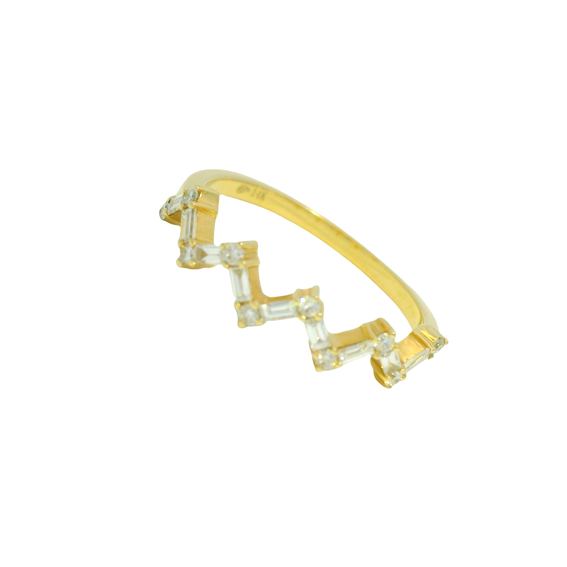 14K Yellow Gold Natural Baguette& Round Brilliant Cut Diamond Heartbeat Ring