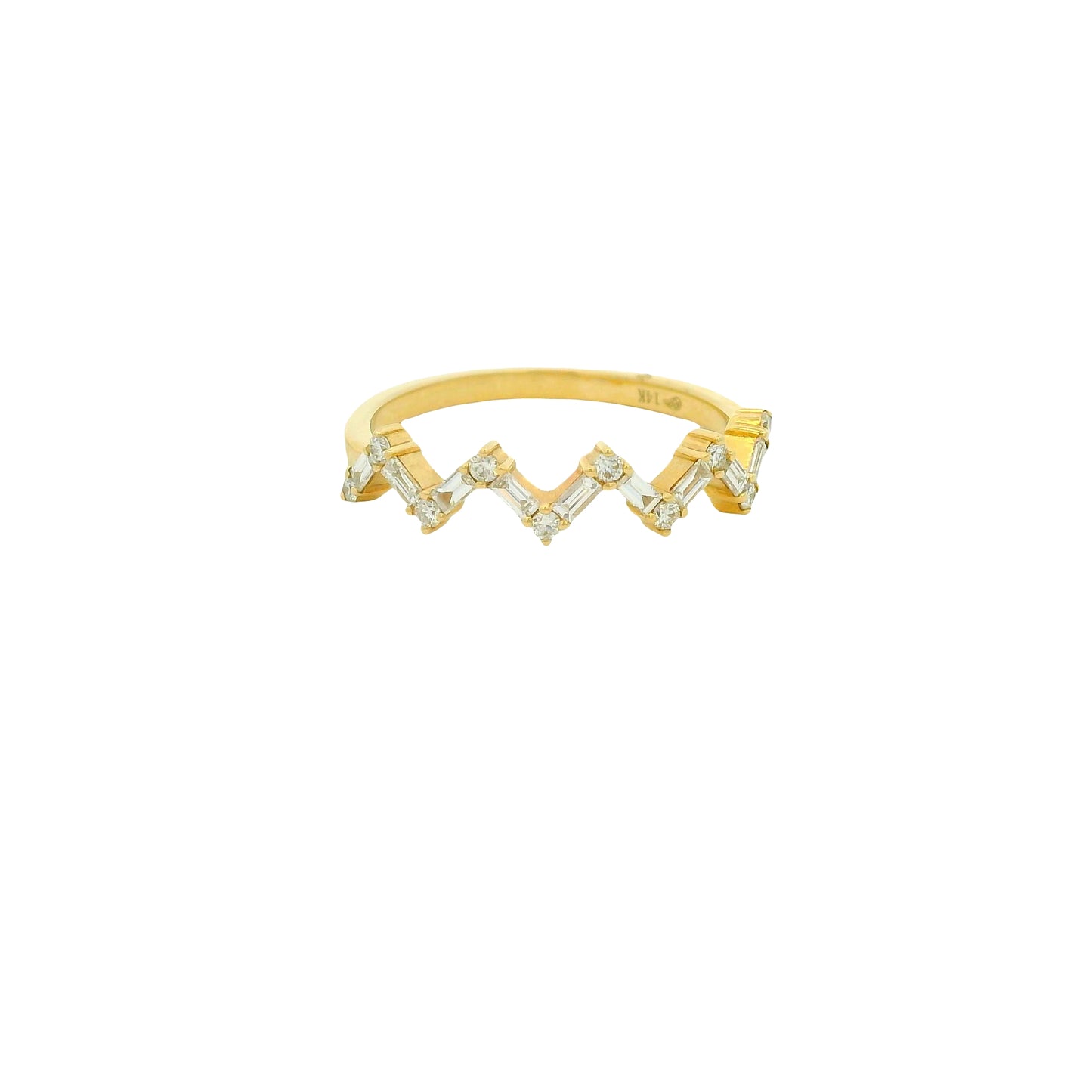 14K Yellow Gold Natural Baguette& Round Brilliant Cut Diamond Heartbeat Ring