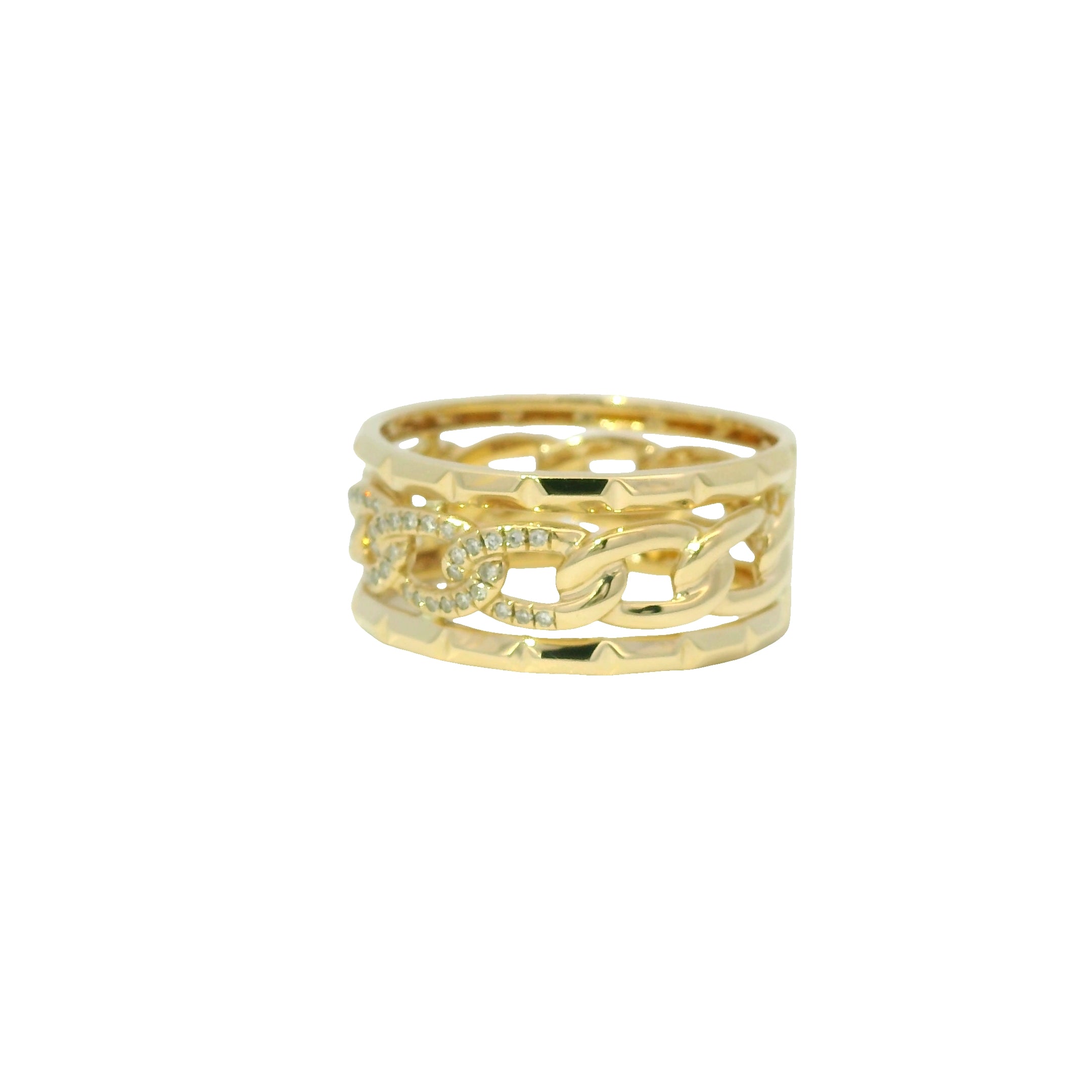 14K Yellow Gold Natural Round Brilliant Diamond Pave Chain Link Style Ring 