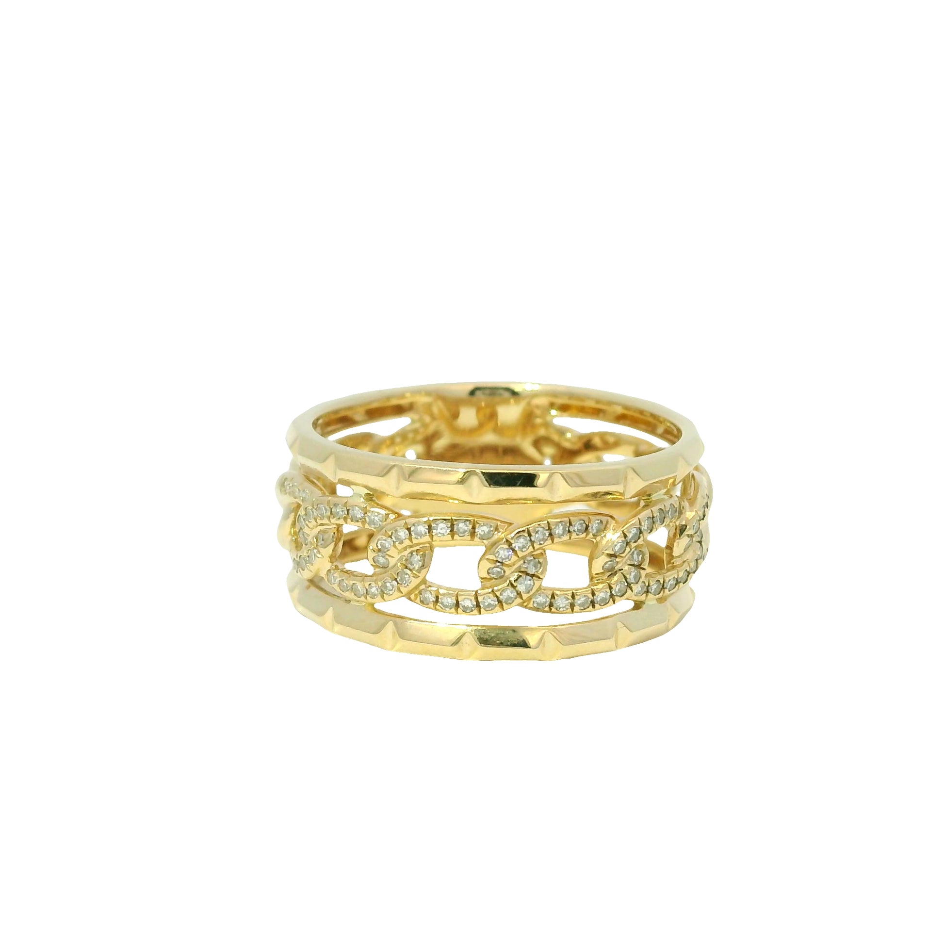 14K Yellow Gold Natural Round Brilliant Diamond Pave Chain Link Style Ring 